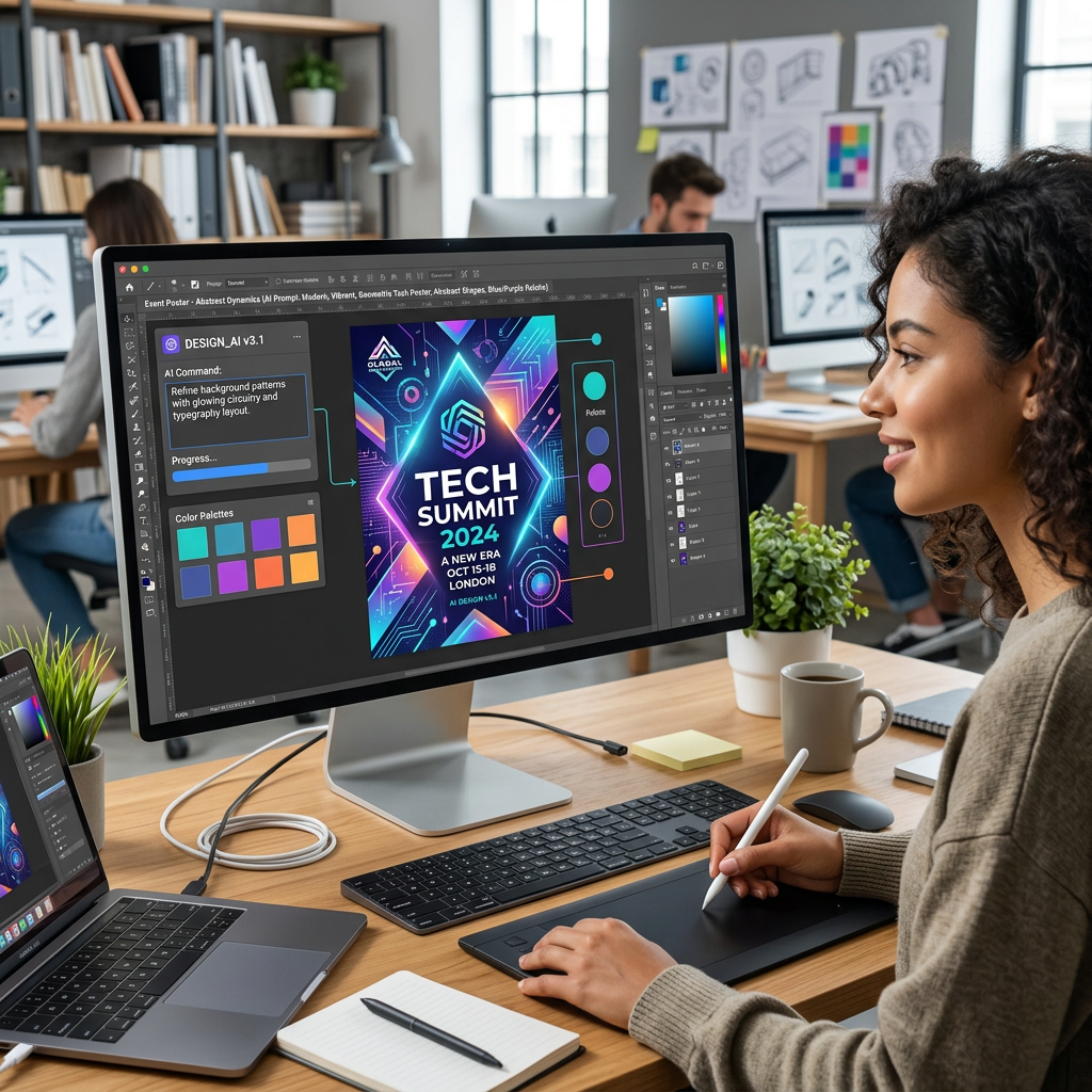 Graphic designer editing a colorful Tech Summit 2024 poster on a computer with design tools visible